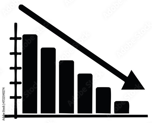 Declining bar chart icon with a downward arrow symbolizing financial crisis, recession, and business loss