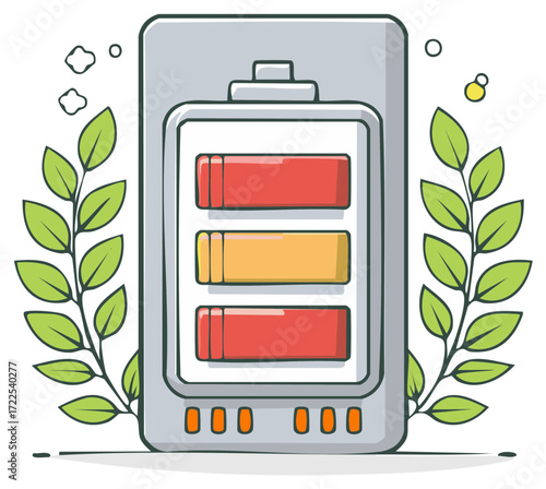 Battery charging illustration surrounded by leaves representing green energy solutions