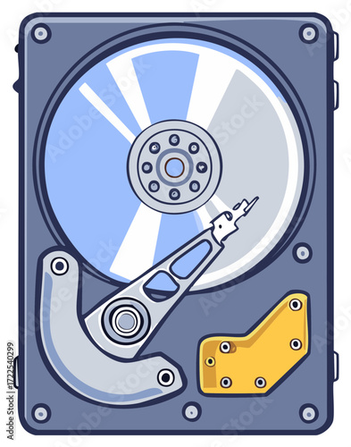 Cartoon illustration of an open computer hard disk drive with internal data storage components