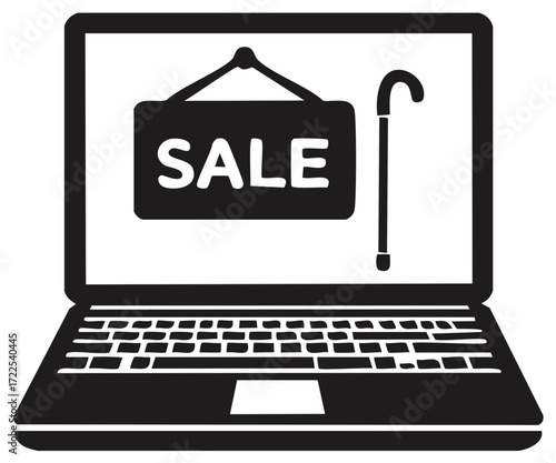 Laptop displaying sale sign and cane symbolizing shopping for elderly or mobility aids