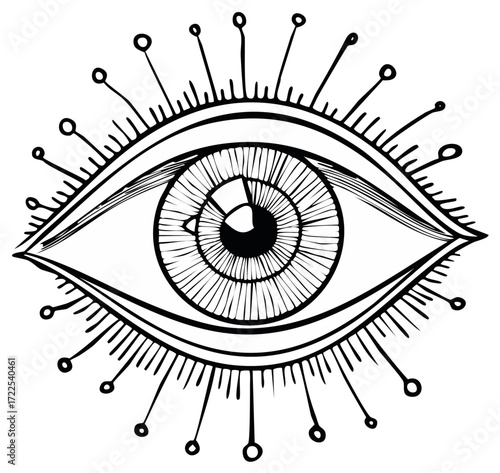 Detailed Sketch of Symbolic Eye with Ornamental Lashes and Rings on White