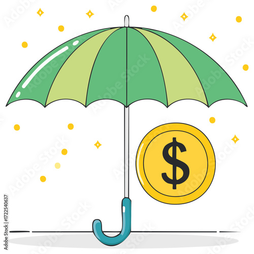 Financial protection concept with cartoon umbrella sheltering a gold dollar coin