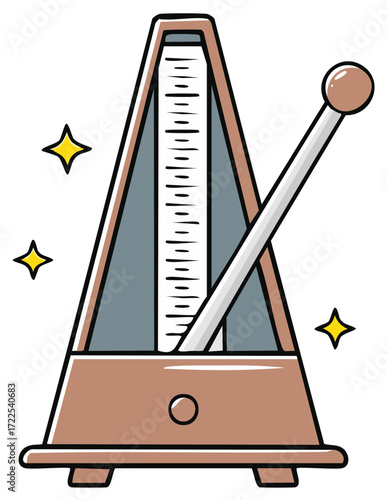 Cartoon metronome keeping steady beat with sparkling stars around it