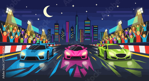 Three vibrant sports cars racing on a track at night.