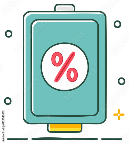 Comic Style Battery Charging Icon with Percentage Symbol for Energy and Discount Concepts