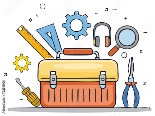 Toolbox and Tools Icon Set Cartoon Style Maintenance or Repair Concept