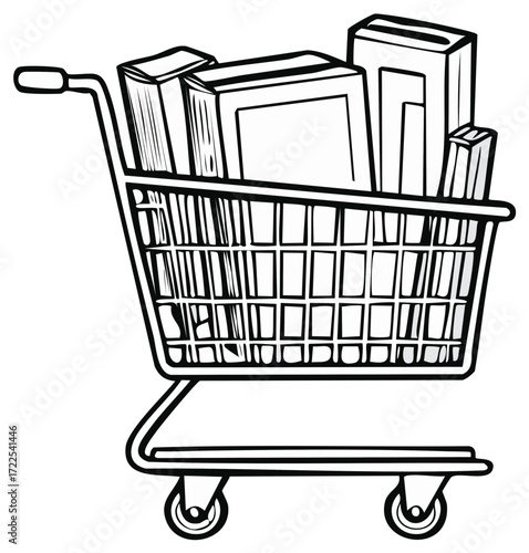 Shopping cart brimming with books, black and white outline vector