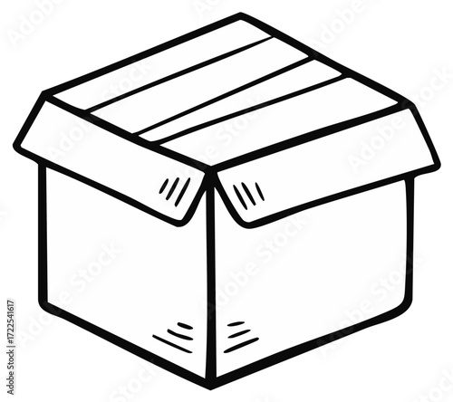 Hand-drawn isometric open cardboard box with flaps and stripes