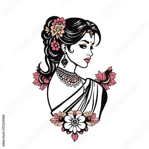 A symbolic traditional tattoo art print presenting a classic black and white vector silhouette of a Tamil girl, timeless and elegant, infused with vibrant colors, retro flair