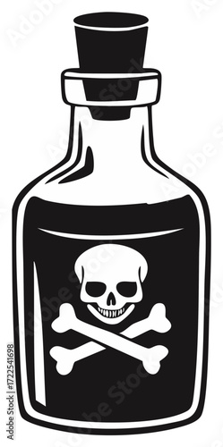 Black and white bottle containing liquid with a skull and crossbones for poison, danger and hazardous warnings and halloween decoration.