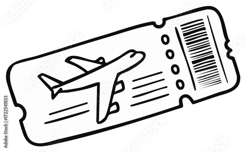 Hand drawn airline ticket boarding pass icon. Simple black and white doodle of a flight ticket for travel concepts