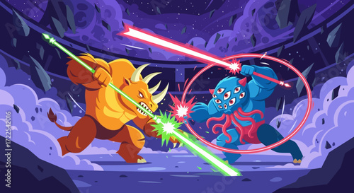 Two fantasy creatures engaged in a fierce lightsaber duel.
