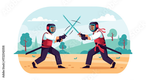 Two fencers engaged in a sword fight, demonstrating skill and precision.