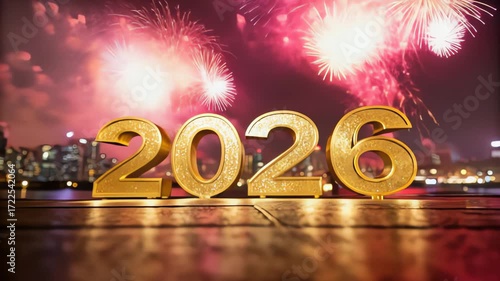 Golden 2026 numbers illuminated by vibrant fireworks display over a city skyline at night