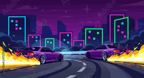 Two purple sports cars drifting with fiery exhausts on a neon-lit city street.