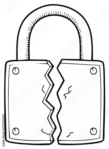 Broken padlock illustration, security concept, unlock, cracked, black and white