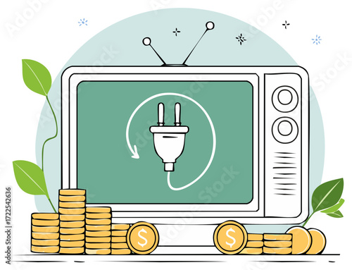 Vintage television screen displays electrical plug and coins stacks, concept of energy cost and savings