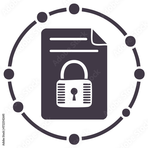 Digital document secured by padlock icon within a network data protection diagram