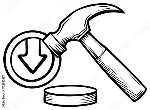 Hammer hitting a button with a downward arrow vector illustration