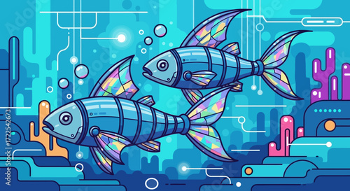 Two stylized fish swimming gracefully in a vibrant underwater world.