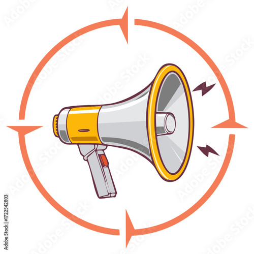 Megaphone illustration surrounded by target arrows, communication and announcement concept