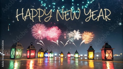 Happy new year glowing text with colorful lanterns and fireworks display at night