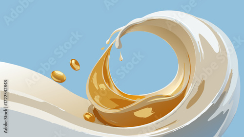 Golden liquid swirl with milk splash and droplets