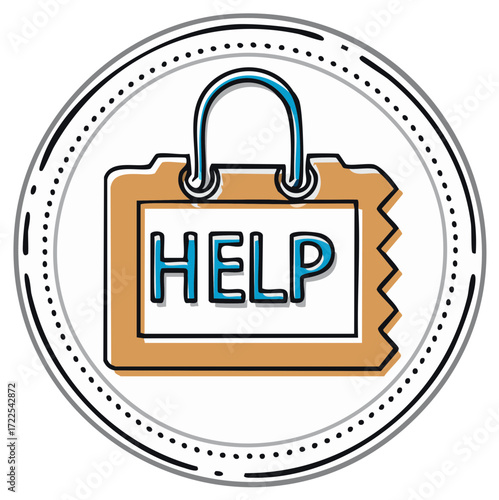 Doodle Clip Board With Word Help In Circle Border. Request for Assistance Graphic Element