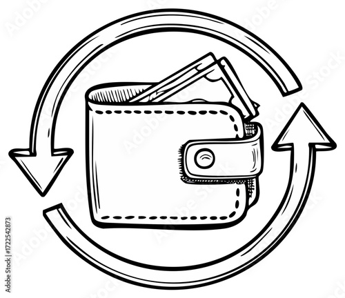 Wallet with money and circular arrow symbolizing finance exchange or cash flow