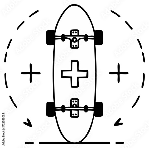 Doodle Style Skateboard with Plus Sign and Movement Arrows