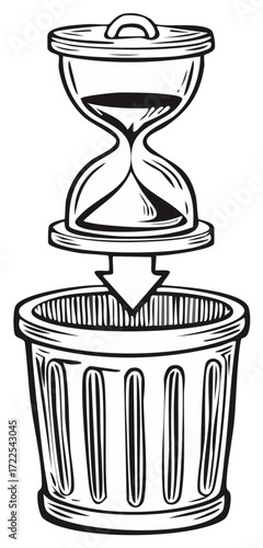 Hourglass falling into trash bin, representing time management concept, waste.