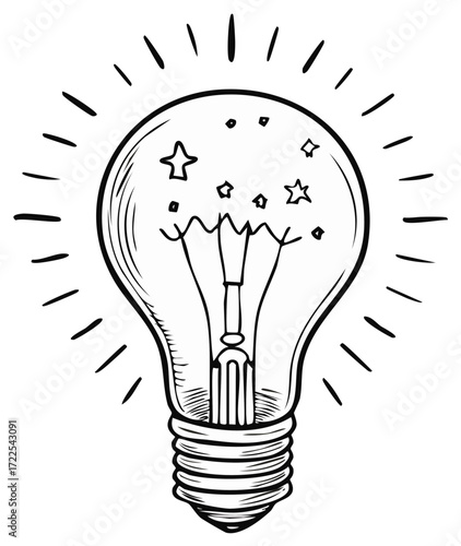 Sketch of a glowing lightbulb with stars, concept of idea or inspiration