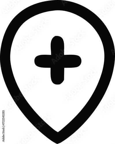 Simple iconographic representation of a location pin featuring a bold plus symbol centered inside for medical or emergency services addition