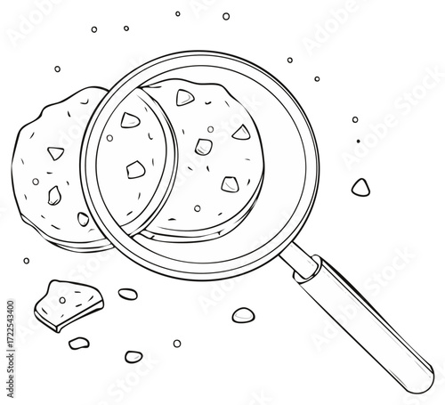 Magnifying glass examining delicious chocolate chip cookies with crumbs, sweet snack illustration