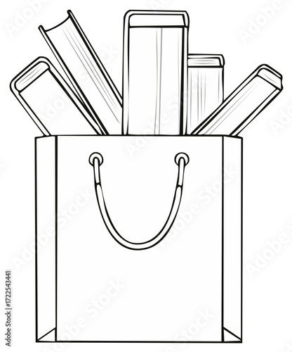 Books in a Bag Black and White Vector Illustration Bookstore or Library Graphic Resource
