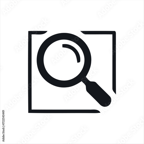 This single search icon features a minimalistic magnifying glass design in solid black. Its straightforward style makes it an ideal choice for representing the search function in digital products. The