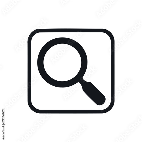 This single search icon features a minimalistic magnifying glass design in solid black. Its straightforward style makes it an ideal choice for representing the search function in digital products. The