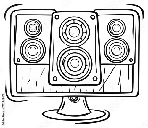 Powerful cartoon sound system with loud vibrating speakers and subwoofers line art
