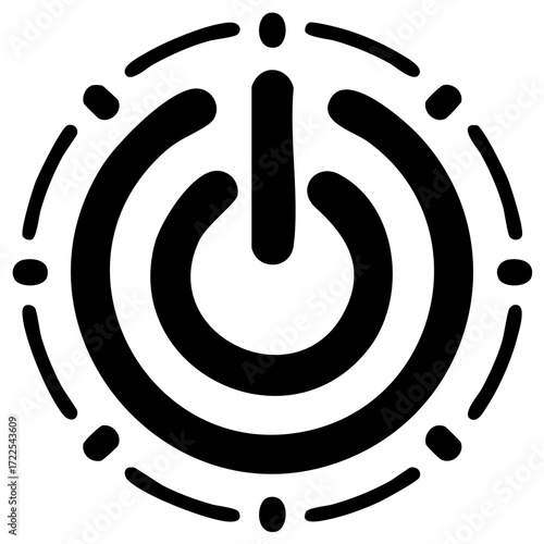 Black power symbol icon with circular graphic elements and abstract lines radiating outwards