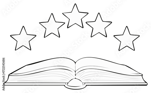 Open book with five stars above symbolizing knowledge, achievement, or rating