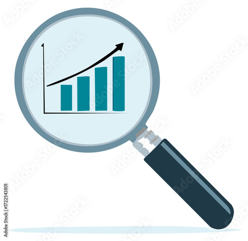 Magnifying glass over rising bar graph showing financial growth and positive trend