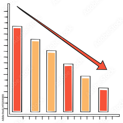Hand drawn bar chart illustration showing business decline with a downward red arrow