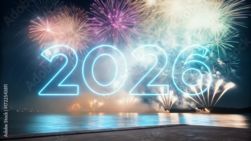 Bright blue neon numbers 2026 glowing against a dark night sky filled with colorful fireworks reflecting on the water