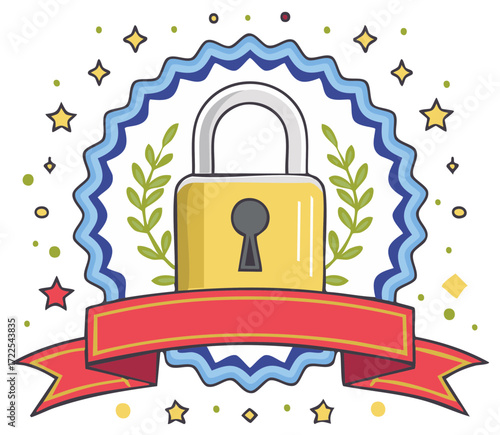 Bright Yellow Lock Emblem with Ribbon and Stars Security Award Concept