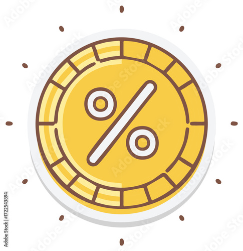 Illustration of a golden coin with a percentage symbol and decorative dots