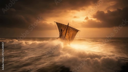 An Egyptian Byblos ship caught in a fierce storm on the Mediterranean Sea, dark clouds overhead, waves crashing against the hull, during the winter.