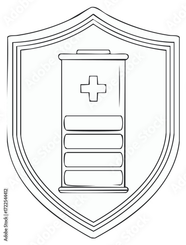 Shield icon with a full battery symbolizing energy protection and security line art