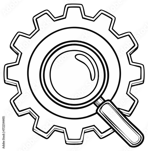 Magnifying glass over gear illustration exploring mechanical engineering and system analysis