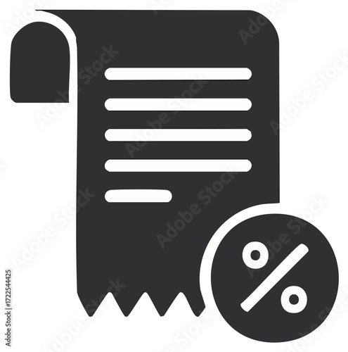 Monochrome glyph icon of a bill or receipt with a percent symbol for discounts, sales, or taxes.