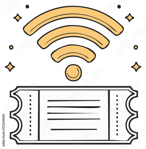 Doodle style illustration of a ticket with a WiFi symbol above it signifying access and connectivity for events and gatherings